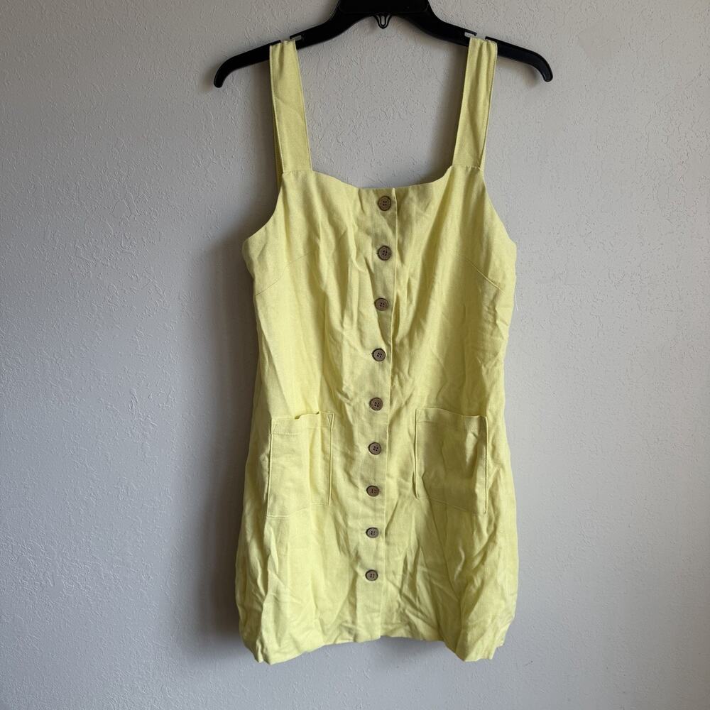 NWT Hunter & Brown Charteuse Yellow Linen Blend Button Up Mini Dress Womens L